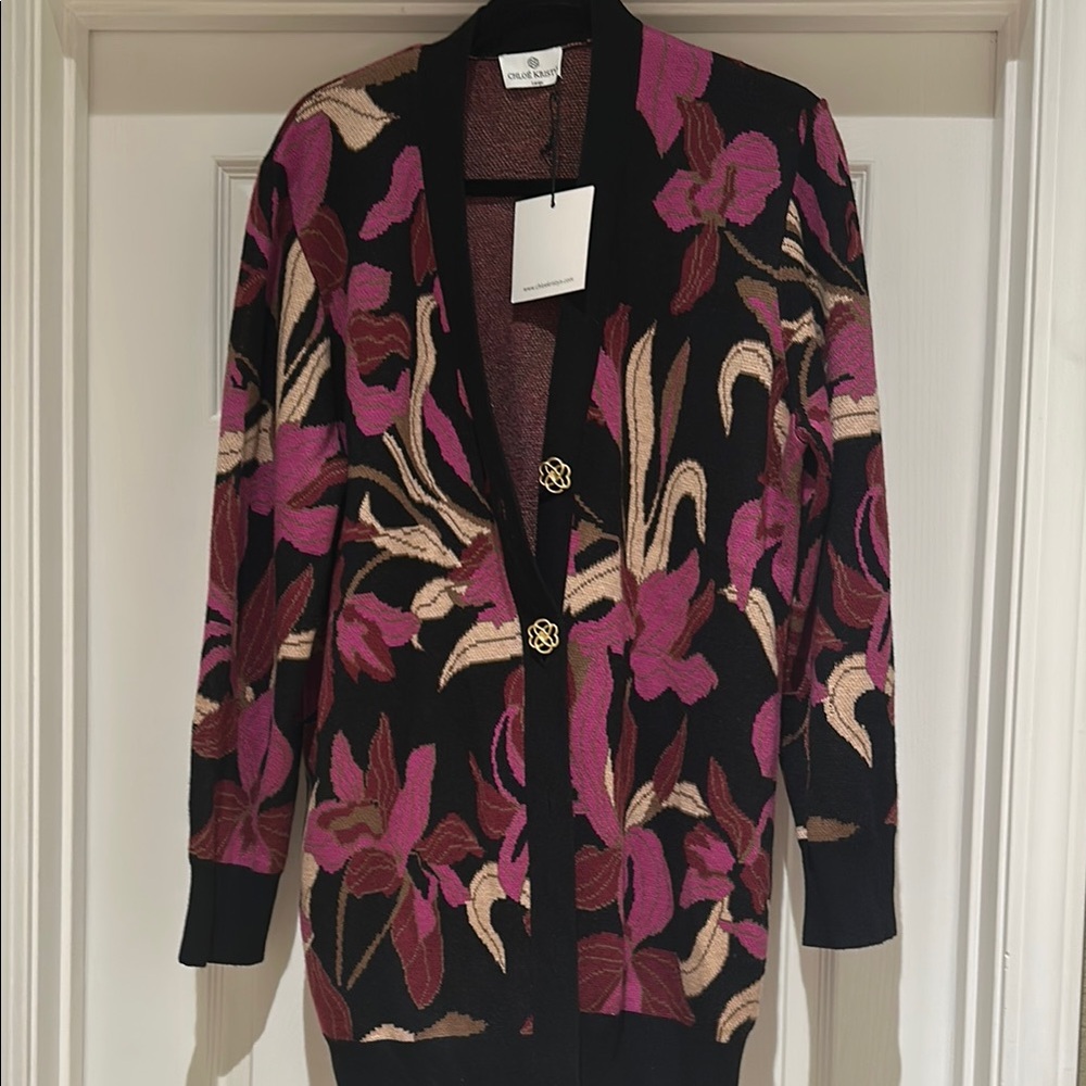 Chloe Kristyn long Black and Pink Floral Cardigan with gold accent button NWT